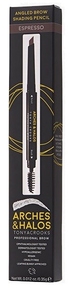 Ett svart och gult paket med en ögonbrynspenna och mascara-borste, kallad 'Arches & Halos' och 'Espresso'.