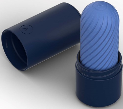 A blue portable massage roller extends from a cylindrical container, with grooves on the roller's surface.