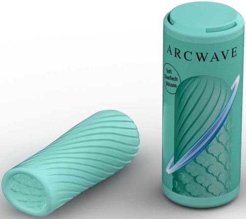 A cylindrical teal container with the word 'ARCWAVE' and a design of a wave, next to a matching textured handgrip.
