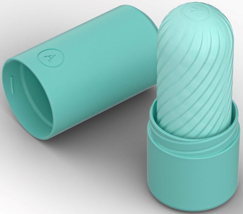 A teal container with a screw cap holding a textured, pill-shaped object. The cap is off, showing the object inside.