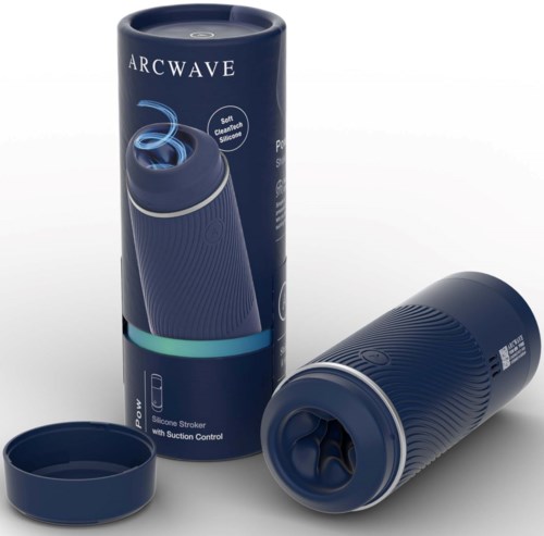 A blue silicone sex toy with suction control, shown next to its packaging and lid.
