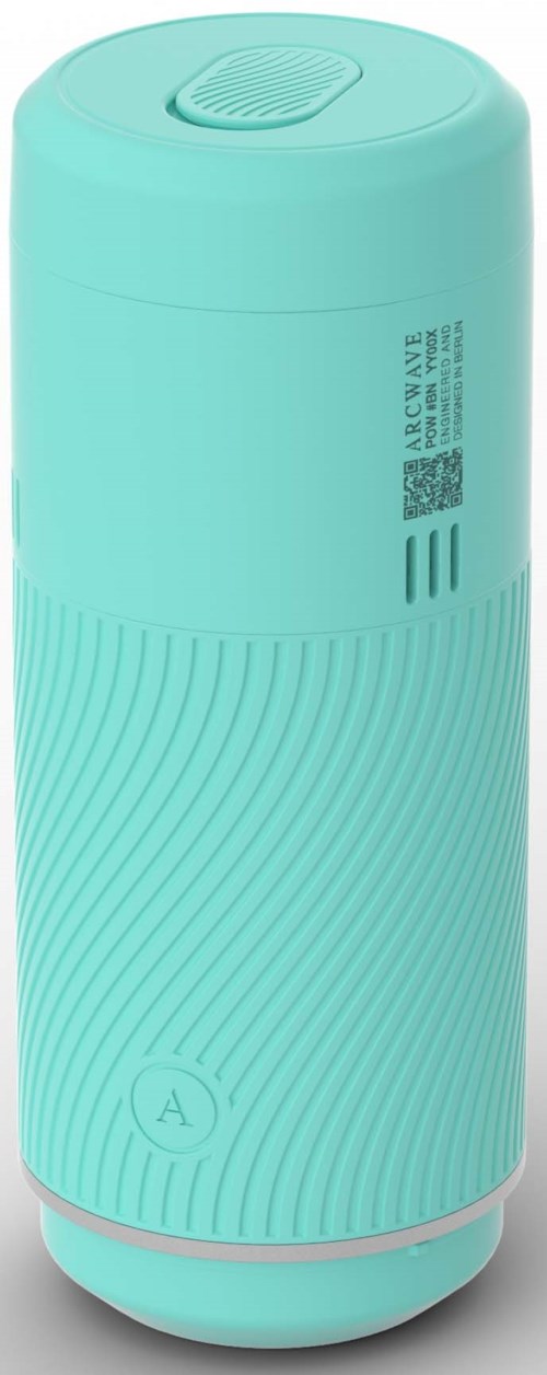 A cylindrical, light blue device with a textured lower half and a smooth upper part. It has a small vent on top.