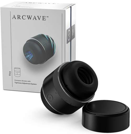 Czarny słuchawka z etui, obok pudełka z obrazkiem i nazwą Arcwave, małego gadżetu erotycznego.