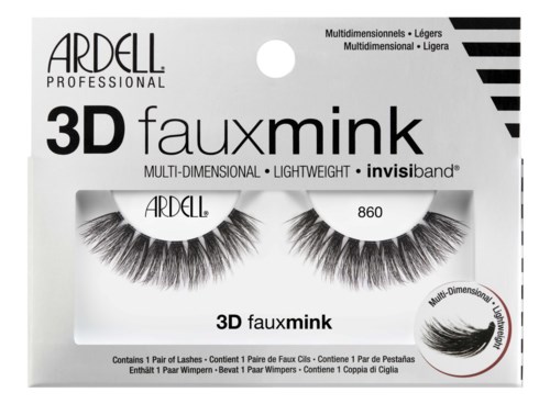 Een verpakking van ARDELL 3D faux mink nepgasten, lichtgewicht en meerdimensionaal, met zwart-wit ontwerp, toont de wimpers binnenin.