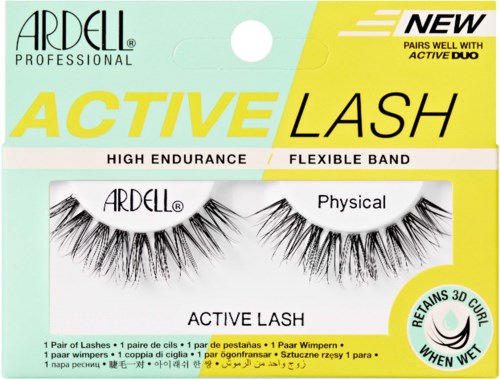 Eine Packung Ardell Professionelle Wimpern, mit der Bezeichnung 'Active Lash', mit schwarzen, voluminösen Wimpern auf mintgrünem und gelbem Hintergrund.