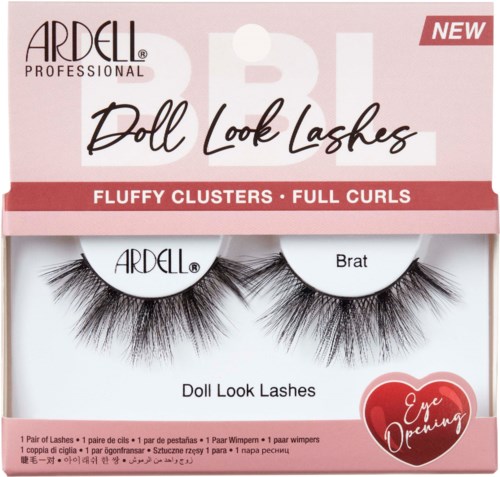 A package with false eyelashes named 'Doll Look Lashes' for eye opening, with fluffy clusters and full curls.
