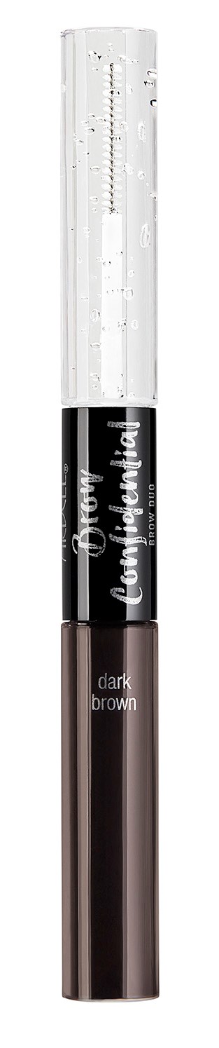 En makeupprodukt i en genomskinlig tub med svart lock, märkt 'dark brown' för ögon- eller brynfärg.