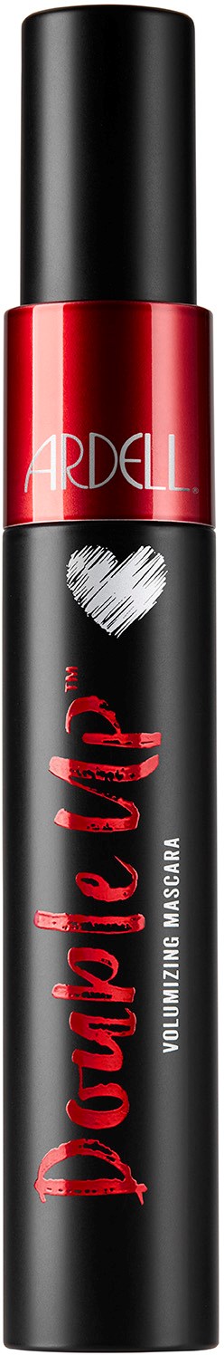 En svart och röd mascara-rör med orden "Double Up" och ett hjärt-symbol på.