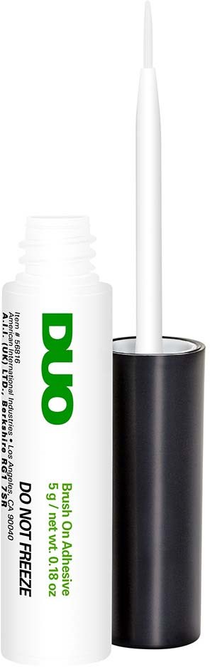 A white lip gloss tube with a black cap and an applicator wand, labeled with a green and black DUO logo.