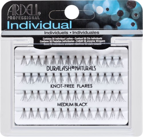 Pack of 56 individual false eyelashes with natural look, knot-free flares, in medium black color.