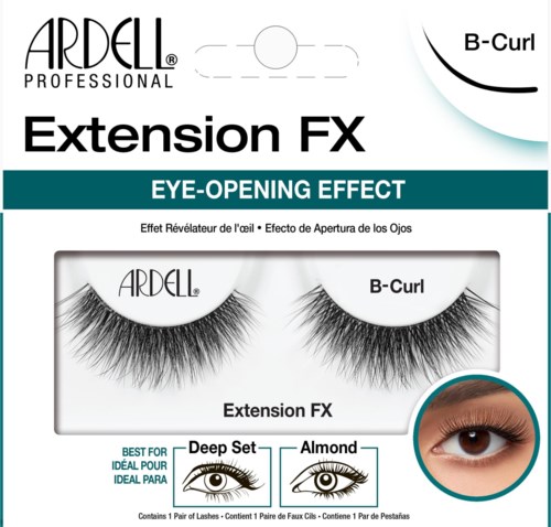 Doos met nepwimpers, merk ARDELL, genaamd Extension FX, voor oogopener-effect, met afbeelding en beschrijving voor oogmake-up.