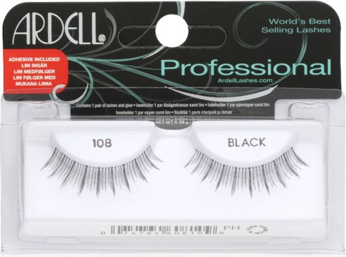 Ein Karton mit falschen Wimpern, beschriftet 'Ardell Professional', mit schwarz-weißer Gestaltung, Stil 108, inklusive Kleber.