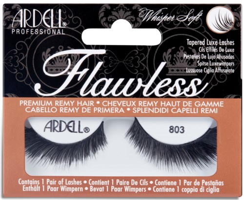 Pakke med sorte falske øjenvipper mærket 'Flawless' af Ardell, størrelse 803, til et glamourøst udseende.