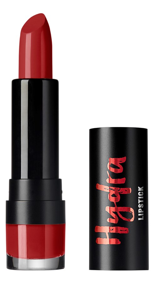 Rött läppstift med svart hylsa märkt 'Ylaya Lipstick' står upprätt.