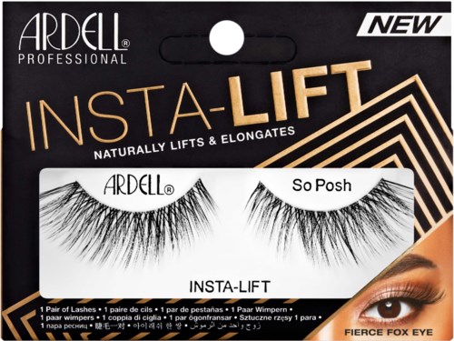 Falske øjenvipper i emballage med sort og guld design, mærket 'ARDEL', 'Insta-Lift' og 'Fierce Fox Eye'.