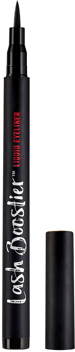 En sort flydende eyeliner pen med rød og hvid tekst, og en aftagelig hætte.