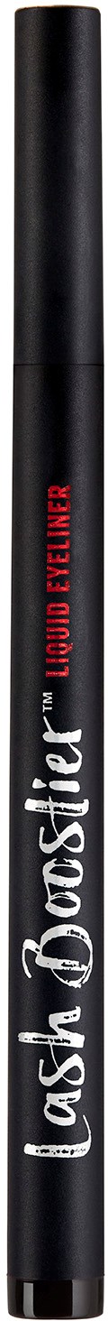 En sort makeup-pen med hvid og rød tekst, mærket 'lash booster' og 'volume builder'.
