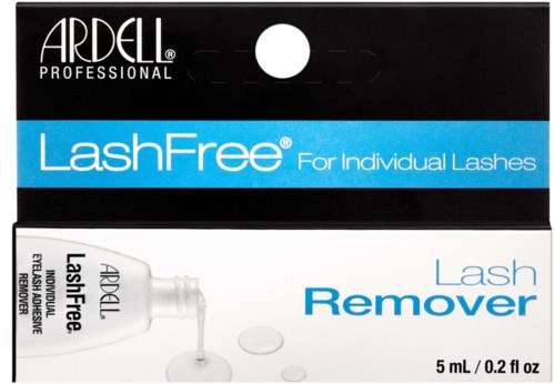 Låda med Ardell LashFree-borttagningsmedel för individuella fransar, innehåller 5 mL vätska, märkt som fransborttagning.
