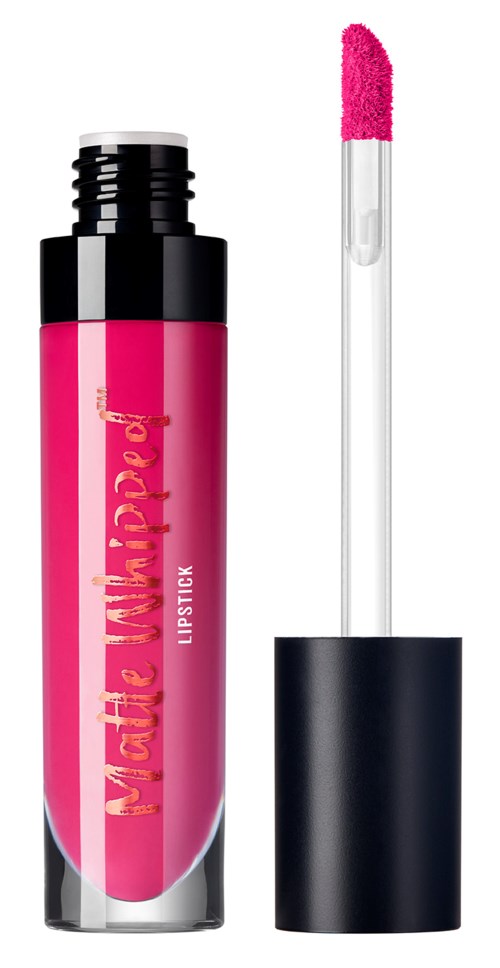 En rosa läppglansflaska med svart lock och applikator med rosa gloss.