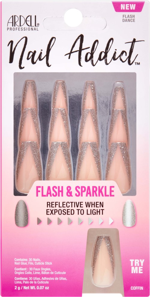 Pakke med 10 neglestile i lyserødt og glitter, til neglekunst og glans, reflekterende ved lys.