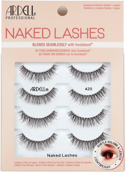 Ein Paket mit fünf falschen Wimpernpaaren, gekennzeichnet als 'Naked Lashes' mit subtiler Volumen, leichtem Gewicht und nahtlosem Ansatz.