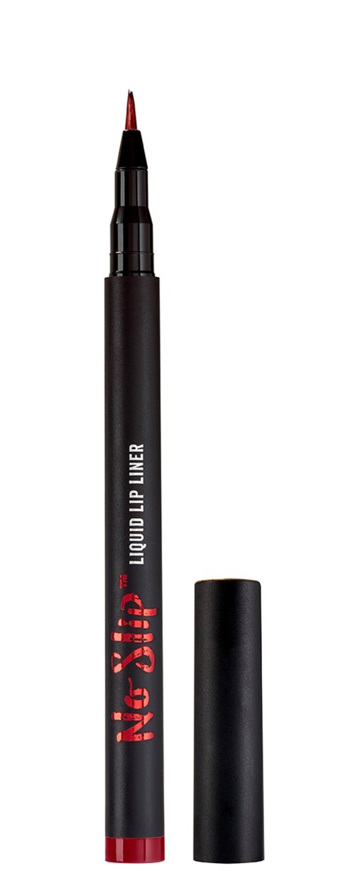 En svart flytende leppeblyant med rød spiss, merket viser "Liquid Lip Liner" og "N*B* Lip" på kroppen.