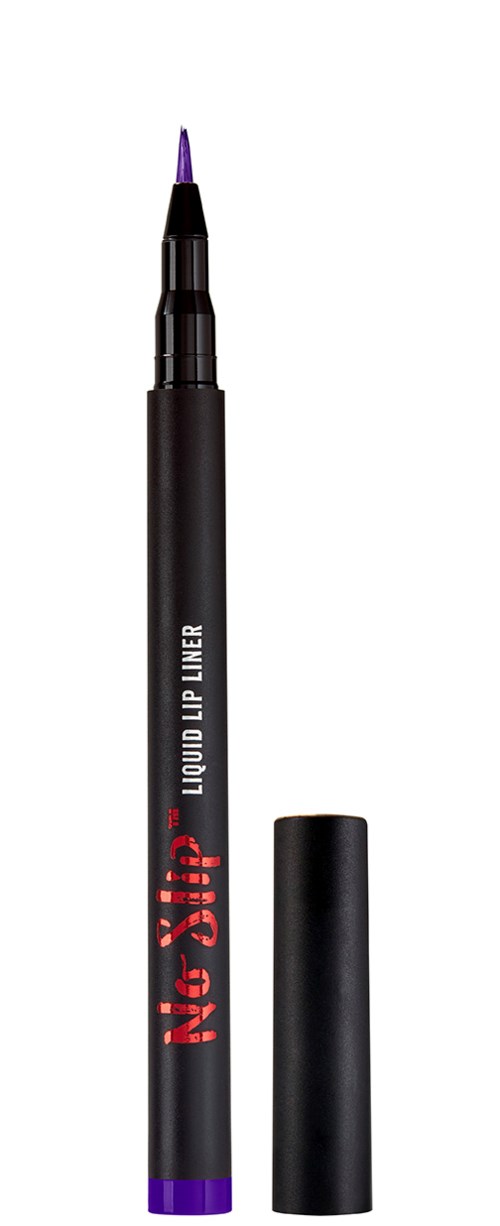 En svart flytende leppeblyant med lilla spiss, merket "Liquid Lip Liner," med lokket i nærheten.