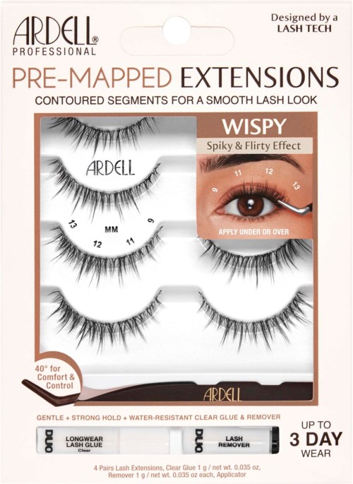 Förpackning med tre satser lösfransar och instruktioner för en spretig, flirtig look.