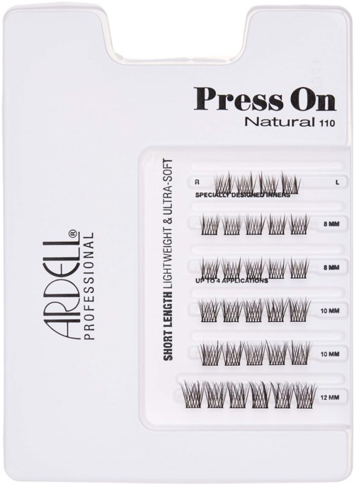 Eine weiße Box enthält mehrere Eyelash-sets mit Längenangaben, einschließlich Text "Press On" und Markeninformationen.