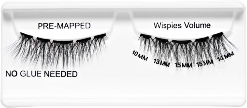 This is a diagram showing false eyelashes with different lengths, no glue needed, and labeled as pre-mapped and Wispies Volume.