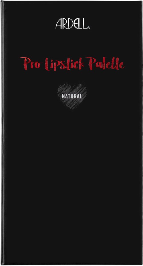Sort box med hvid og rød tekst, der siger 'ARDLL Pro Lipstick Palette Natural'.