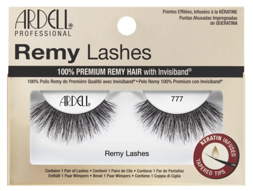 Doos met nepwimpers genaamd Remy Lashes, zwart met dikke, lange wimpers en een rood label dat keratine-injectie aangeeft.