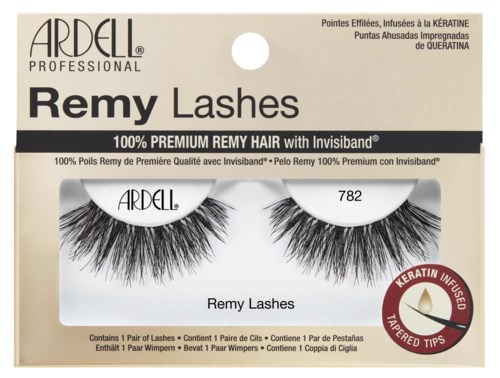 Doos met zwarte nepwimpers genaamd "Remy Lashes", met beschrijving van keratine-injecteerde punten en taps toelopende punten.