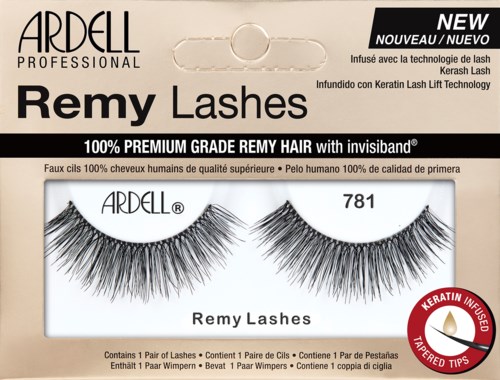 Verpakking van Ardell Remy Lashes met twee realistische nepwimpers, genummerd '781', en een rode bevestiging voor keratinespitsen.