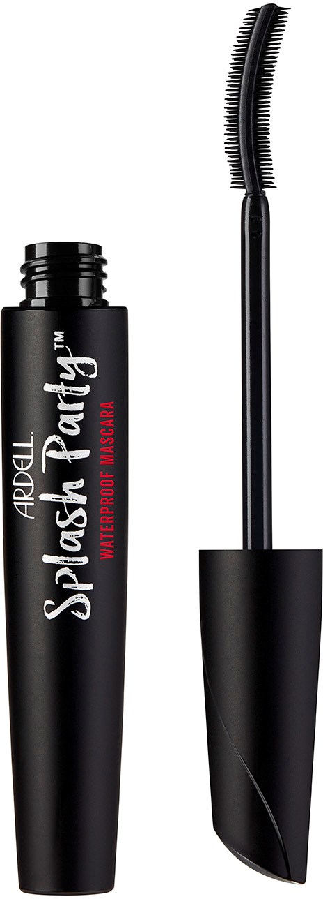 En mascara-rör med en böjd borste och ett svart lock, märkt "Splash Party" och "Black" på röret.