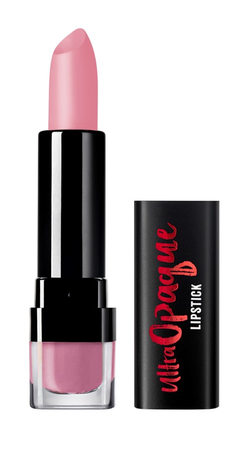 Rosa läppstift med svart och röd förpackning, etiketten säger Ultra Opalace Lipstick.