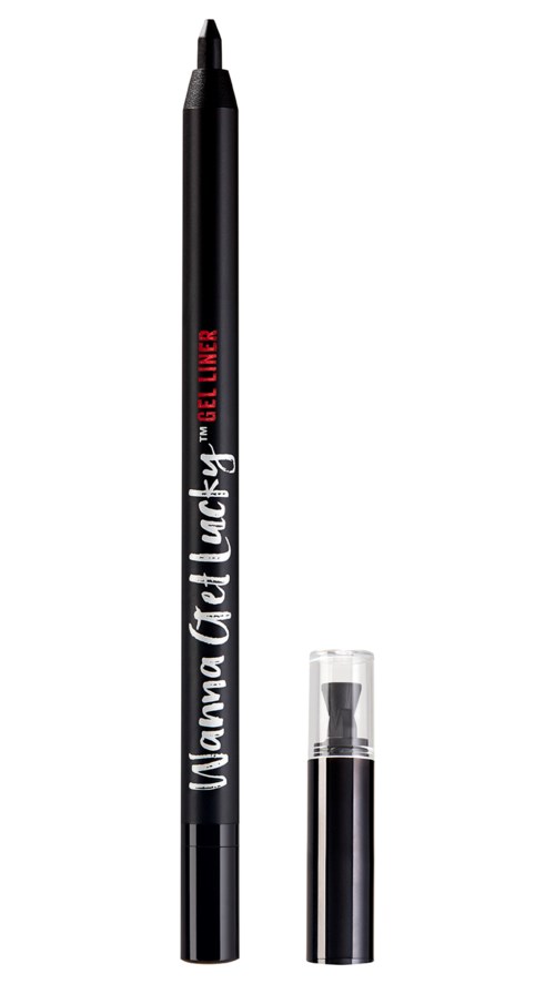 En svart eyeliner-penna med tydligt lock och röd och vit text på sidan.