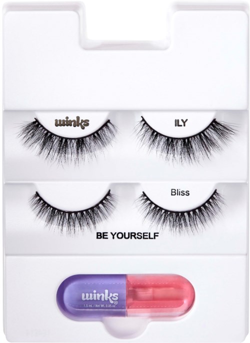 Two pairs of false eyelashes and a capsule-shaped item with pink and purple colors inside a white case.