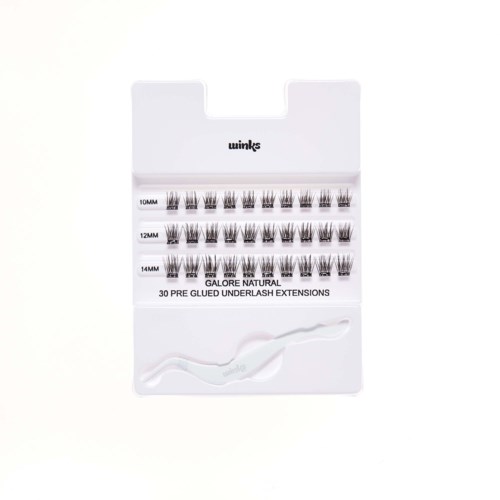 Small package with three rows of false eyelashes labeled 10mm, 12mm, and 14mm. Brand is GALORE NATURAL.