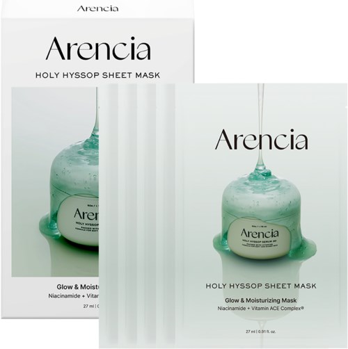 Två ansiktsmaskpåsar med grönt gelinnehåll, märkta Arencia Holy Hyssop Sheet Mask, ger glow, fukt och vitaminer.