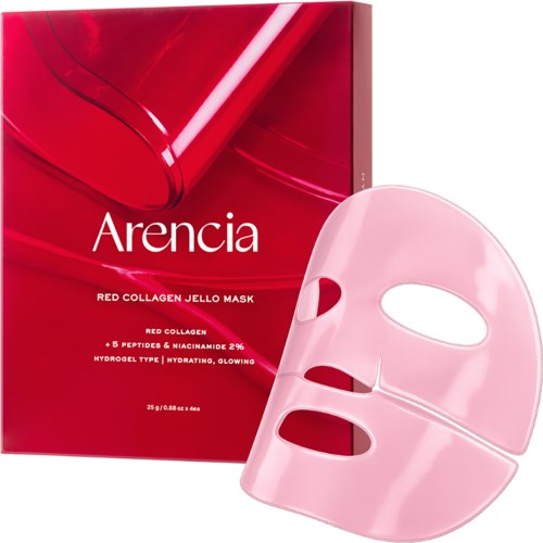 En rosa ansiktsmask med hål bredvid en röd box märkt Arencia Red Collagen Jello Mask.