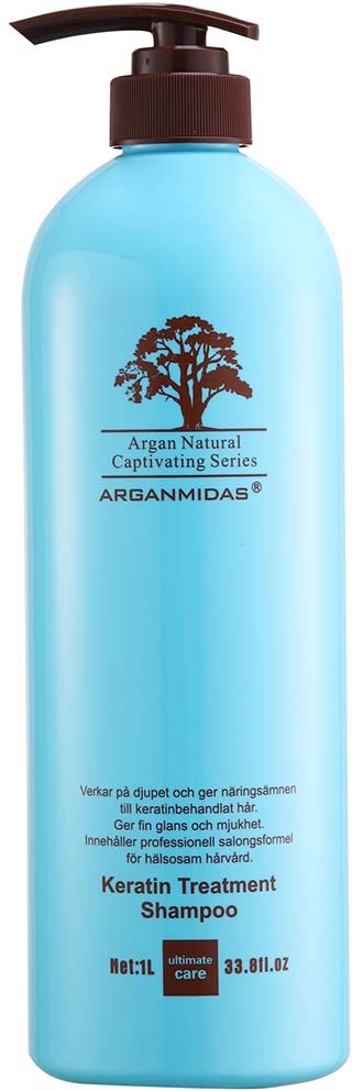 Jasnoniebieska butelka z brązowym dozownikiem, oznaczona Arganmidas Keratin Treatment Shampoo, zawiera tekst i logo drzewa.