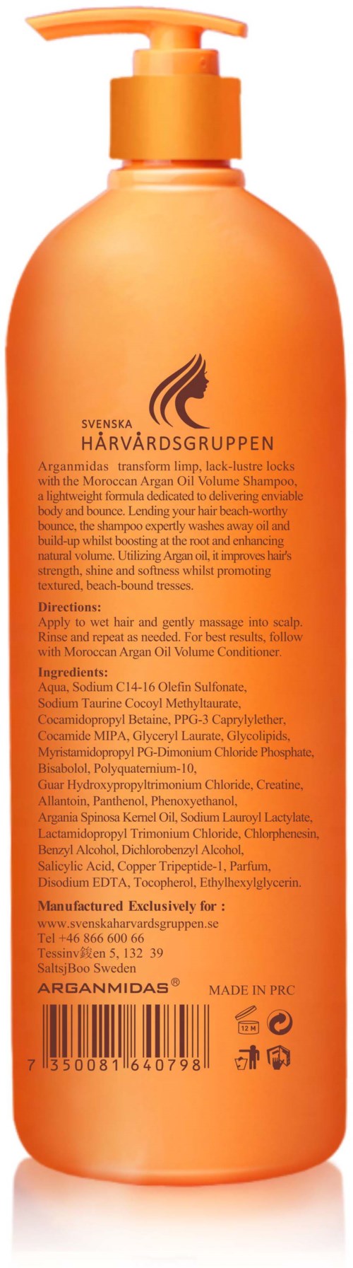 Orange flaska med pump, innehåller hårvårdsprodukt från Svenska Hårvårdsgruppen, med text om användning och ingredienser.