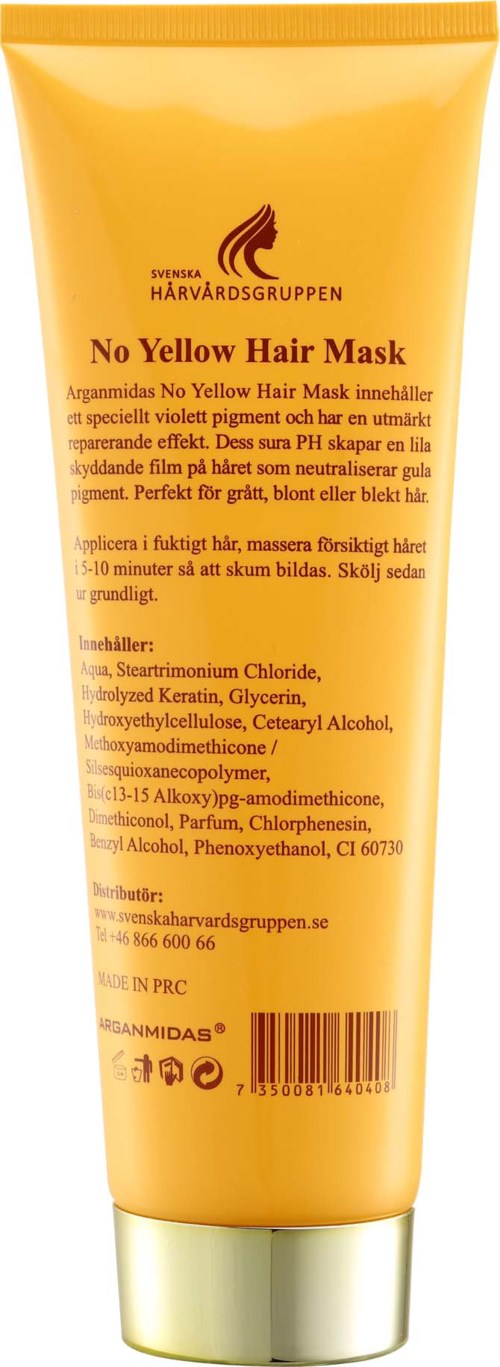 Żelowa tubka z napisem "No Yellow Hair Mask" z tekstem po szwedzku, zawierająca składniki i instrukcje do pielęgnacji włosów.