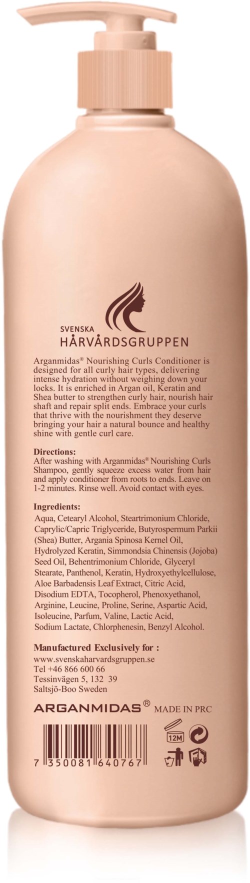 Ljusrosa flaska med pump, märkt som Argonmidas närande vård balsam, med detaljer och ingredienser i liten text.