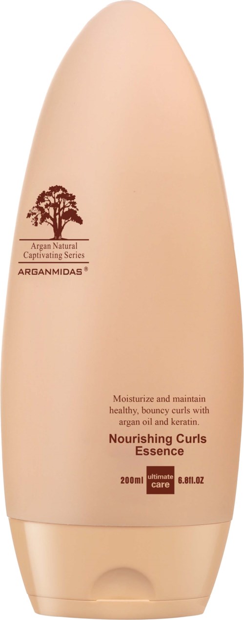 Beige fles met boomlogo, tekst over voedende krullen, bevat 200 ml haarverzorgingsproduct.