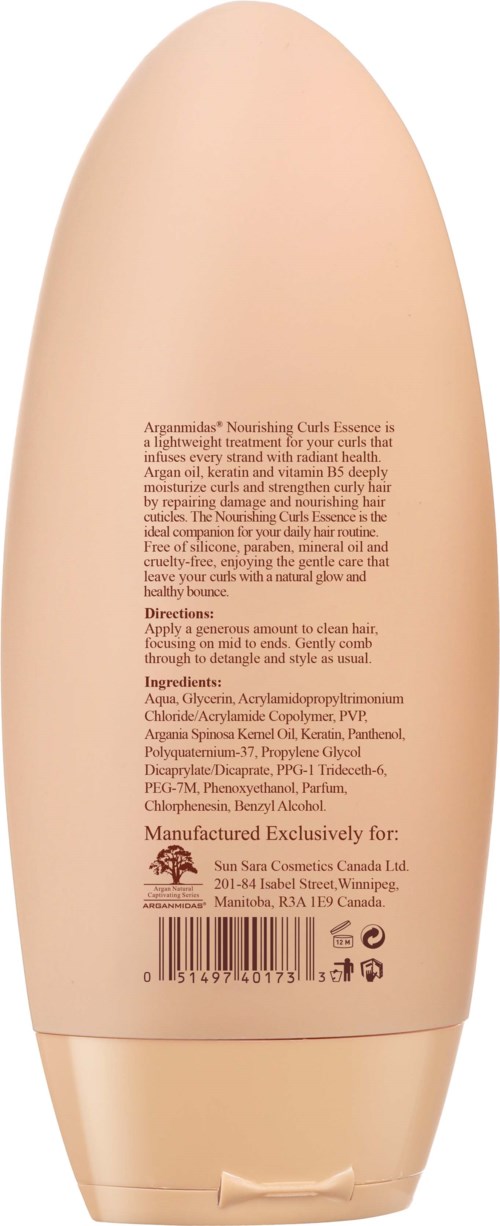 Een lange, beige fles met gedetailleerde tekst en barcode op de achterkant. Het lijkt een schoonheids- of huidverzorgingsproduct.