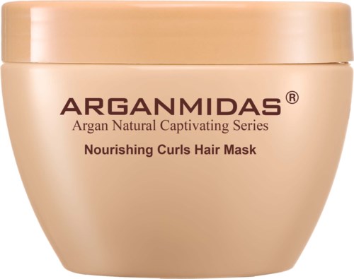Beżowe opakowanie maski do włosów Arganidas Nourishing Curls z serii Argan Natural Captivating.