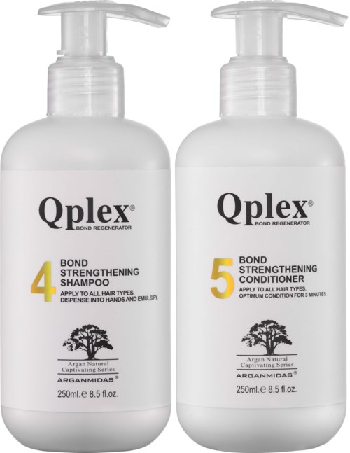 To flasker med hårpleieprodukter merket Qplex, nummer 4 og 5, for styrking og utjevning av håret. Hver flaske er 250 ml.