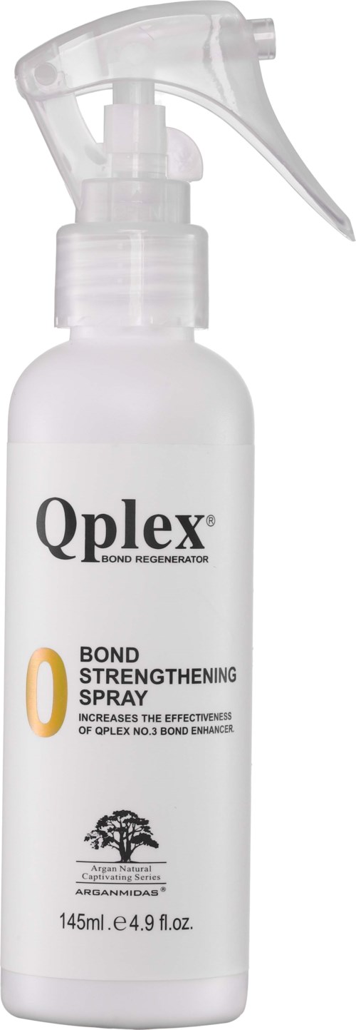 Biała butelka z rozpylaczem oznaczona Qplex Bond Strengthening Spray, z zaworem na górze. Tekst o zwiększaniu skuteczności wiązania.